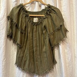 Chaser Olive Green Boho Frayed Peasant Blouse